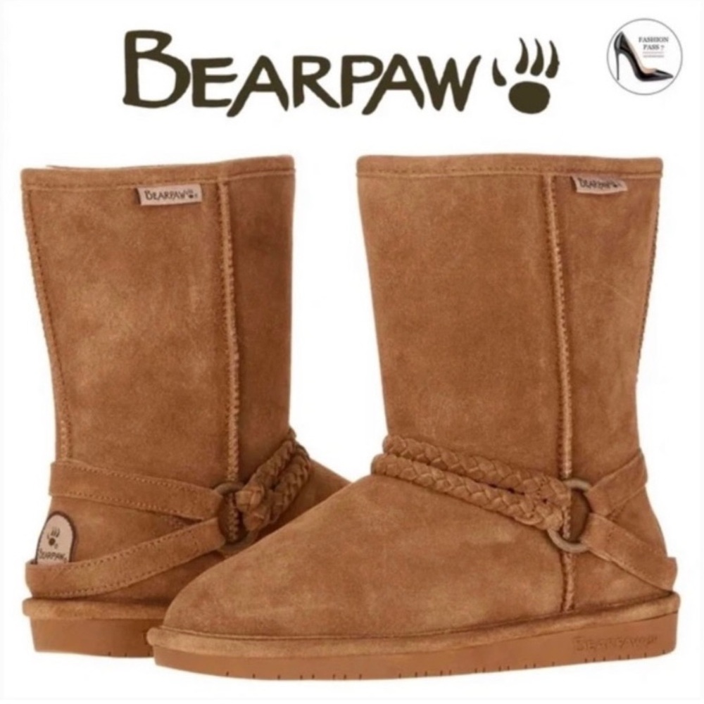 Bearpaw Adele Hickory Braided Brown Tan Suede Wool Lined Snow Winter Boots 6 NWT